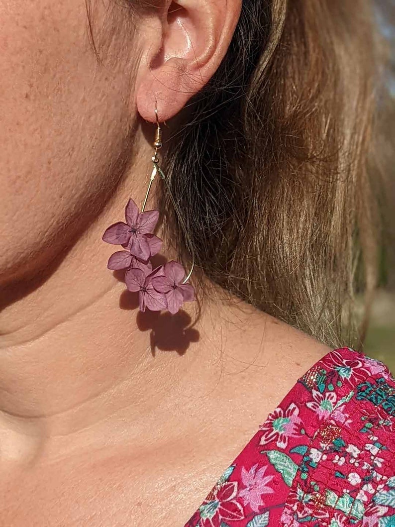 Boucles d'oreilles en vrai fleurs d'hortensia Lila 6