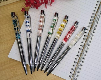 Stylo à fleurs immergées – véritable fleur conservée dans liquide | cadeau original artisanal | stylos fleuris transparents
