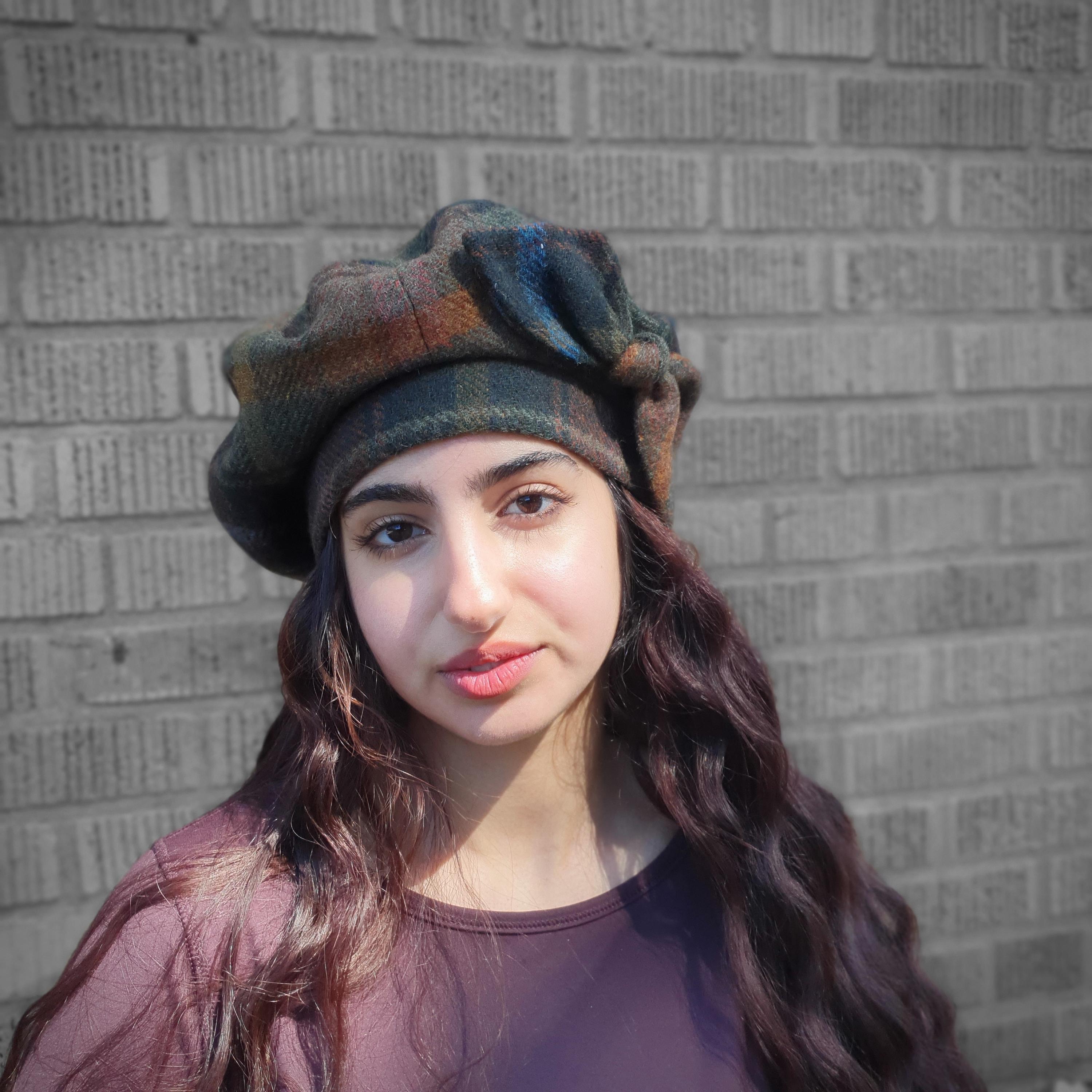 9997 Women\'s Scottish Plaid Wool Peaked Caps Beret Yellow Handmade yellow wool beret, Harris Tweed gingham tam by  main image 3
