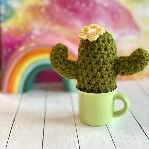 Flowering Saguaro Cactus in Mini Mug: Handmade Crochet Faux Succulent Dorm Room Gift Office Desk Home Decor Summer Boho