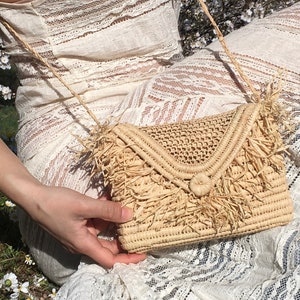 Handgefertigte Raffia Strohtasche, Frühling/Sommer Tasche, Gehäkelte Raffia Cross-Body Tasche, Vegane Tasche, Strandtasche