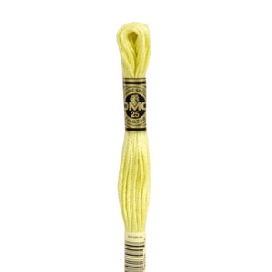May include: A skein of DMC embroidery floss in color 11, a pale yellow. The floss is wrapped around a cardboard spool with a black and gold label that reads "DMC 25" and "8.7 yds".