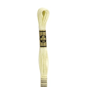 May include: A skein of DMC embroidery floss in color 10, a pale yellow. The floss is wound on a cardboard spool with a gold label that reads "DMC 25 8 m (8.7 yd)".