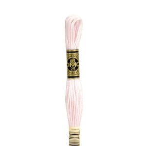 May include: A skein of pale pink DMC embroidery floss, labeled with the number 23. The label indicates it is 8.7 yards (8 m) of thread. The floss is tightly wound and ready for use in various needlework projects.