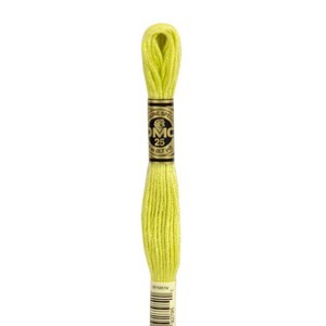 May include: A skein of DMC embroidery floss in color 12, a bright yellow green. The floss is wound on a card with the DMC logo and the number 25, indicating the length of the floss in meters. The card also has a barcode and the number 12 printed on it.