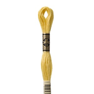Puede incluir: Madeja de hilo de bordar DMC 25 de color amarillo pálido, etiquetada con el número 3822. La etiqueta también indica que el hilo tiene 8 metros (8,7 yardas) de largo. El hilo está bien enrollado y listo para usar en varios proyectos de costura.