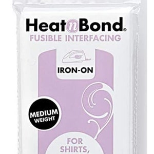 May include: A package of HeatnBond fusible interfacing, medium weight, iron-on, for shirts, collars, and buttonholes. It is sewable, machine washable, and made of a non-woven poly blend. The package is 20 inches by 1 yard (50.8 cm by 91 cm) and made in the USA.