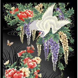 Painel Tsuru Crane com detalhes em dourado metálico, 100% algodão, TSUR 5256 PA