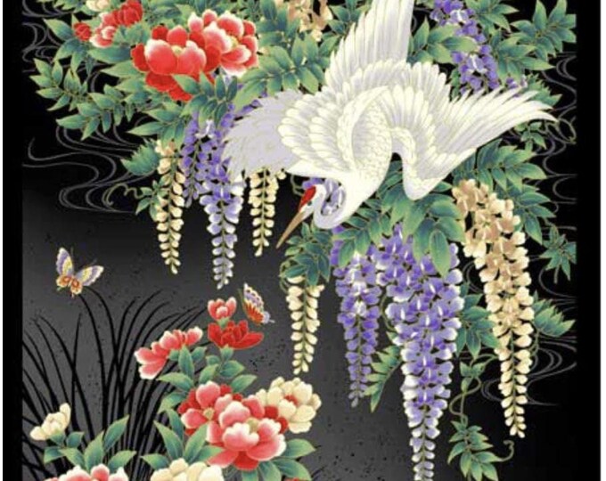 Tsuru Crane Panel with Gold Metallic Highlights by P&B Textiles, 100% Premium Cotton Fabric, TSUR 5256 PA