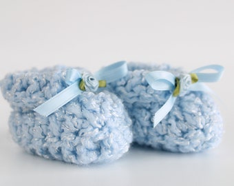 Baby Cloud Booties - Blue, Size 0-6 Months, Hand Crocheted Baby Booties with Satin Ribbon & Satin Rose, Adorable Baby Shower Gift, CQB-Blue