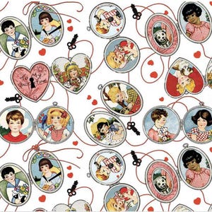 May include: A white background with a repeating pattern of locket charms. Each locket has a different image inside, including children, animals, and hearts. The lockets are connected by red strings and keys.
