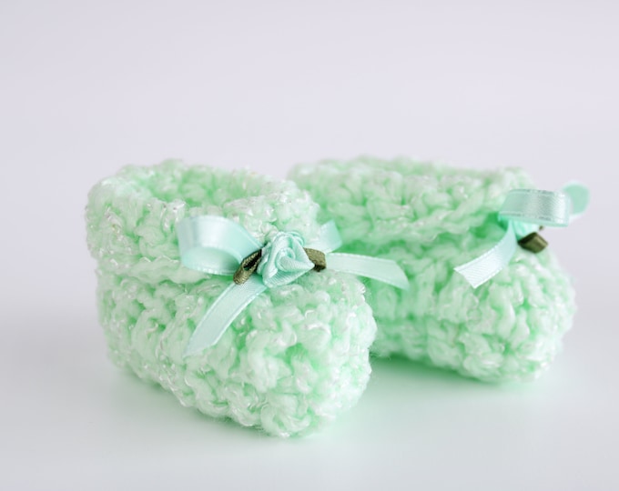 Baby Cloud Booties - Green, Size 0-6 Months, Hand Crocheted Booties with Satin Ribbon & Satin Rose, Adorable Baby Shower Gift, CQB-Green