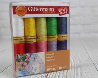 Gutermann creativ Cotton 50wt Thread Set, Spring Colors, 100m/110yds, 10 Spools, 734016-1 Value Pack,