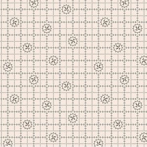 Peut inclure: Motif répétitif sur fond crème, composé d'une grille de petits points noirs. Chaque carré de la grille contient un motif circulaire de points entourant un petit motif floral. L'ensemble crée un motif délicat et texturé, adapté au tissu ou au papier peint.