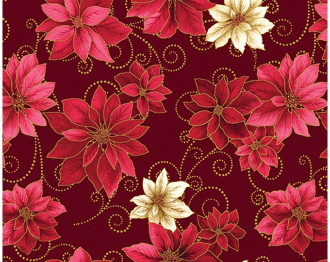 Poinsettia Scroll-Red Enhanced with Metallic Gold, Festive Medley by Jackie Robinson, Benartex Designer Fabrics, 100% Cotton, 13186M-10