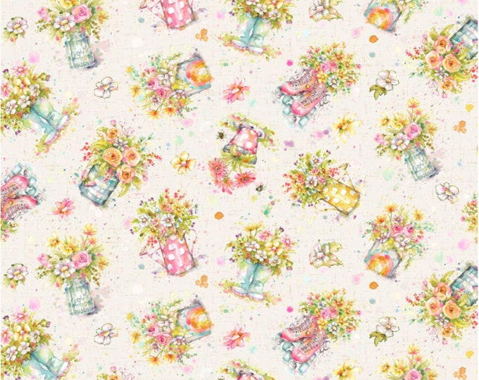 Boots and Blooms - Medium Toss Floral Multi for P&B Textiles, 100% Premium Cotton Fabric, BBLO-4738-MU