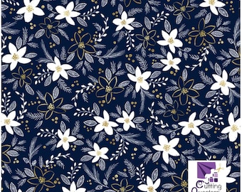 Joyful - Holiday Floral Toss Navy with Metallic Highlights, 100% Cotton, JOYF 5892 N