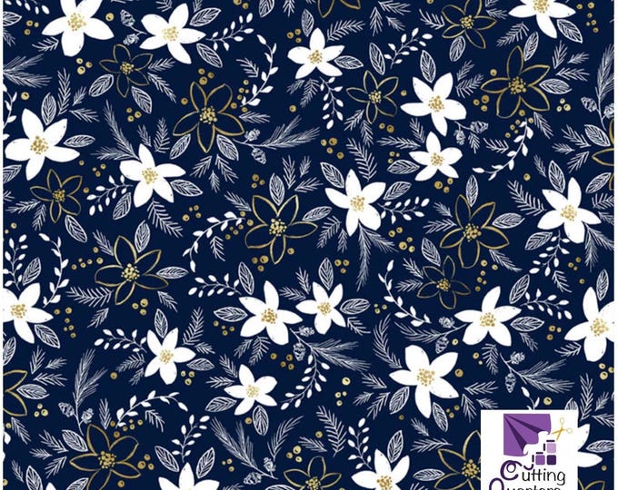 Joyful - Holiday Floral Toss Navy with Metallic Highlights, 100% Cotton, JOYF 5892 N