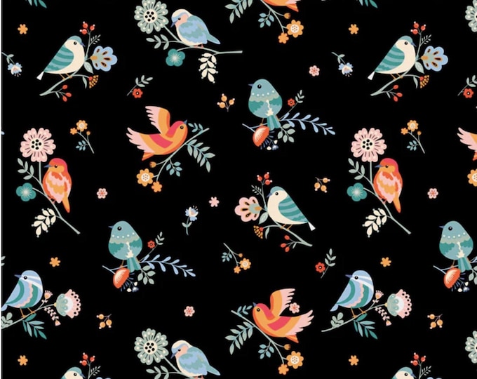 Birdsong - Tossed Birds and Flowers Black, 100% Cotton, BSON 5859 KMU