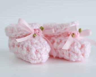 Baby Cloud Booties - Pink, Size 0-6 Months, Hand Crocheted Baby Booties with Satin Ribbon & Satin Rose, Adorable Baby Shower Gift, CQB-Pink