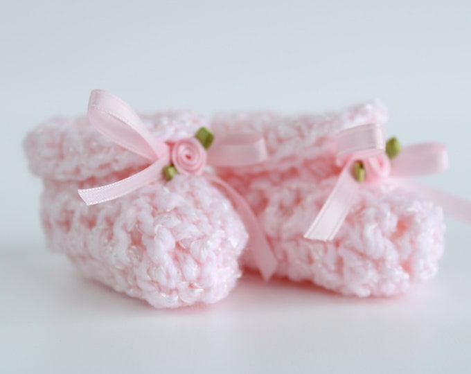 Baby Cloud Booties - Pink, Size 0-6 Months, Hand Crocheted Baby Booties with Satin Ribbon & Satin Rose, Adorable Baby Shower Gift, CQB-Pink