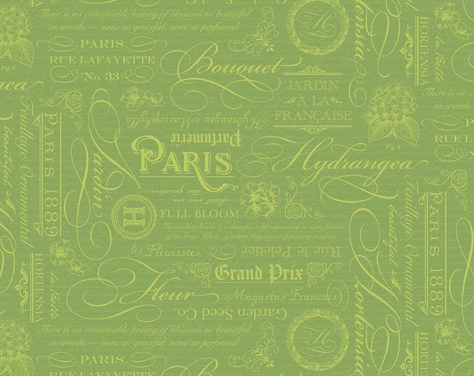 Hydrangeas in the Garden Text Green Pearl, 100% Cotton Fabric, CPL16833-GREEN