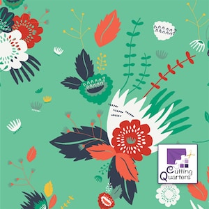 May include: A green fabric with a floral pattern featuring red, white, and blue flowers. The fabric is from Cutting Quarters.