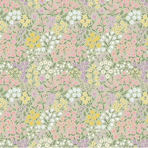 May include: A seamless pattern featuring a variety of colorful flowers in shades of pink, yellow, purple, and white on a light green background. The flowers are arranged in a random pattern, creating a cheerful and whimsical design.