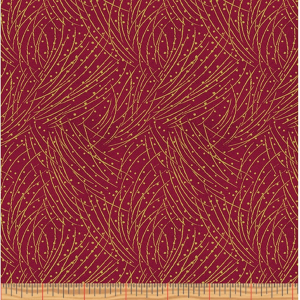 Golden Pine-Red Enhanced with Metallic Gold, Festive Medley by Jackie Robinson, Benartex Designer Fabrics, 100% Cotton, 4745M-10