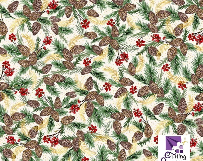 Joyful - Packed Pine Cone Sprigs Ecru with Metallic Highlights, 100% Cotton, JOYF 5890 E