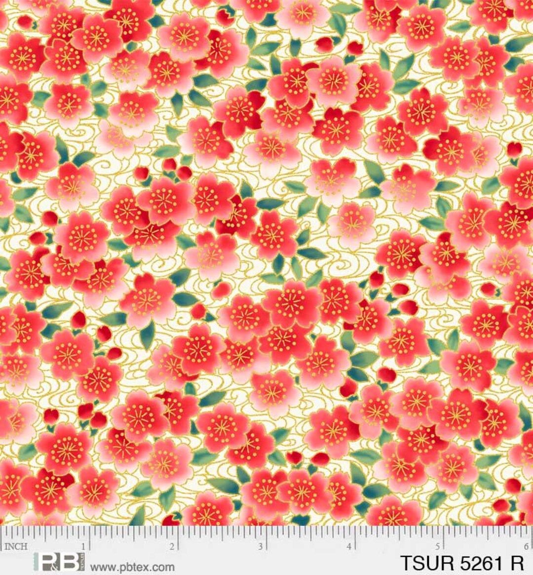 Tsuru Ditzy Flowers Red With Gold Metallic, 100% Cotton, TSUR 5261