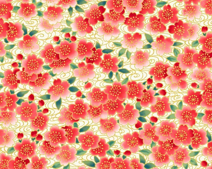 Tsuru Ditzy Flowers - Red with Gold Metallic Highlights by P&B Textiles, 100% Premium Cotton Fabric, TSUR 5261 R