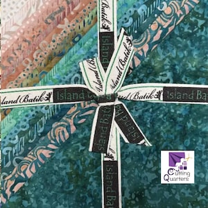 May include: A stack of batik fabric squares in shades of teal, coral, and green, tied with a ribbon that reads "Island Batik." The fabric has various patterns and textures. The logo for "Cutting Quarters" is in the bottom right corner.