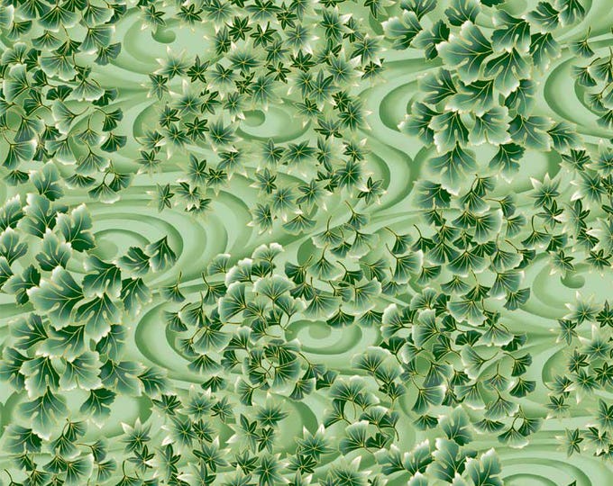 Tsuru Swirling Leaves - Green with Gold Metallic Highlights by P&B Textiles, 100% Premium Cotton Fabric, TSUR 5260 G