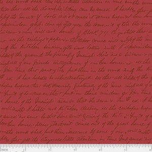 May include: Red fabric with a white printed design of cursive handwriting. The text includes the words "the word shed" and "little attention in time". The fabric has a ruler with inches marked along the bottom.