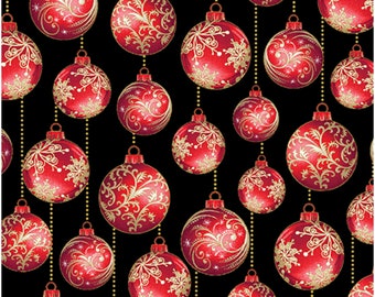 SALE - Ornament Medley Black/Red Enhanced with Metallic Gold, Festive Medley by Jackie Robinson, Benartex, 100% Cotton, 13180M-98