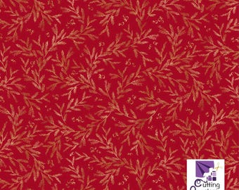 Joyful - Pine Branch Vines Red with Metallic Highlights, 100% Cotton, JOYF 5893 R