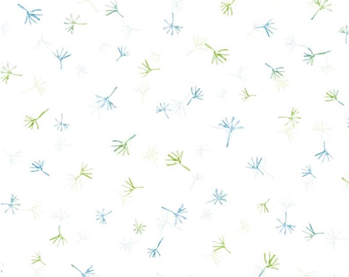 Jona's Garden Tossed Dandelion Fluff White/Blue/Green by Jon Van Zyle for P&B Textiles, 100% Premium Cotton Fabric, JGAR 5390 WBG