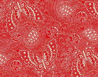 Tsuru Butterfly Linework - Red with Gold Metallic Highlights by P&B Textiles, 100% Premium Cotton Fabric, TSUR 5262 R