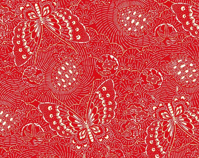 Tsuru Butterfly Linework - Red with Gold Metallic Highlights by P&B Textiles, 100% Premium Cotton Fabric, TSUR 5262 R
