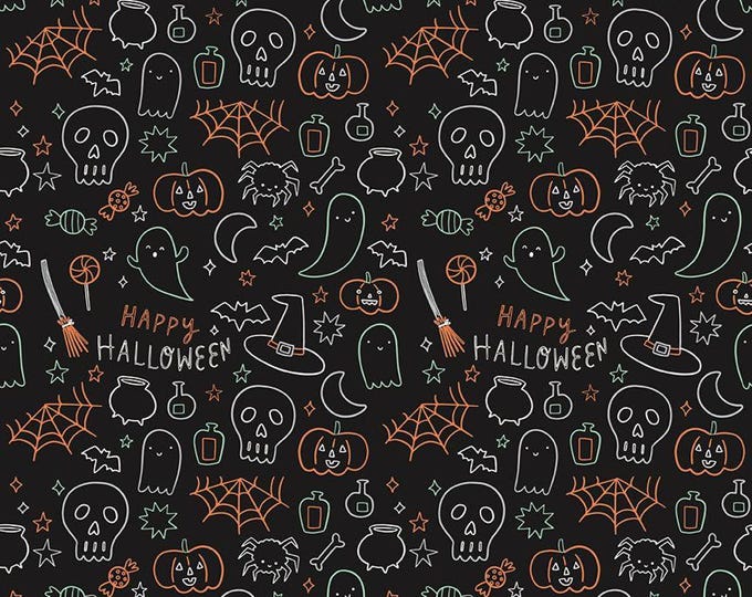 Frank and Friends Halloween Icons Black Glow in the Dark, 100% Cotton Fabric, GC17476-BLACK