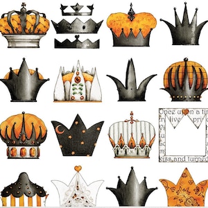 May include: A collection of various crown illustrations in shades of black, orange, and white. Some crowns feature intricate details, including jewels, patterns, and celestial designs. One crown has the text "Once upon a time..." in a frame.