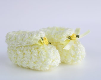 Baby Cloud Booties - Yellow, Size 0-6 Months, Hand Crocheted Booties with Satin Ribbon & Satin Rose, Adorable Baby Shower Gift, CQB-Yellow