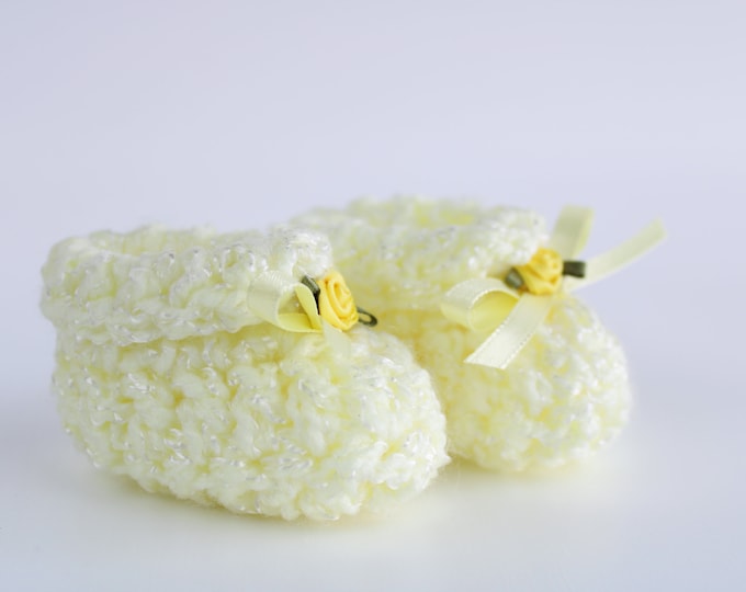 Baby Cloud Booties - Yellow, Size 0-6 Months, Hand Crocheted Booties with Satin Ribbon & Satin Rose, Adorable Baby Shower Gift, CQB-Yellow