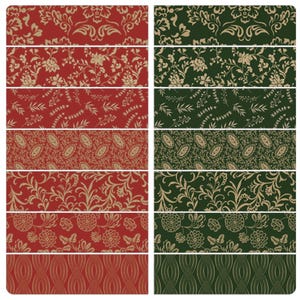 K&ouml;nnte beinhalten: Eine Sammlung von Stoffmustern mit verschiedenen Blumen- und Paisley-Mustern. Die Muster sind in Rot-, Gold- und Gr&uuml;nt&ouml;nen gehalten. Die Designs umfassen detaillierte Blumenarrangements, zarte Bl&auml;tter und komplizierte Paisley-Motive, geeignet f&uuml;r Textilien und Heimdekoration.