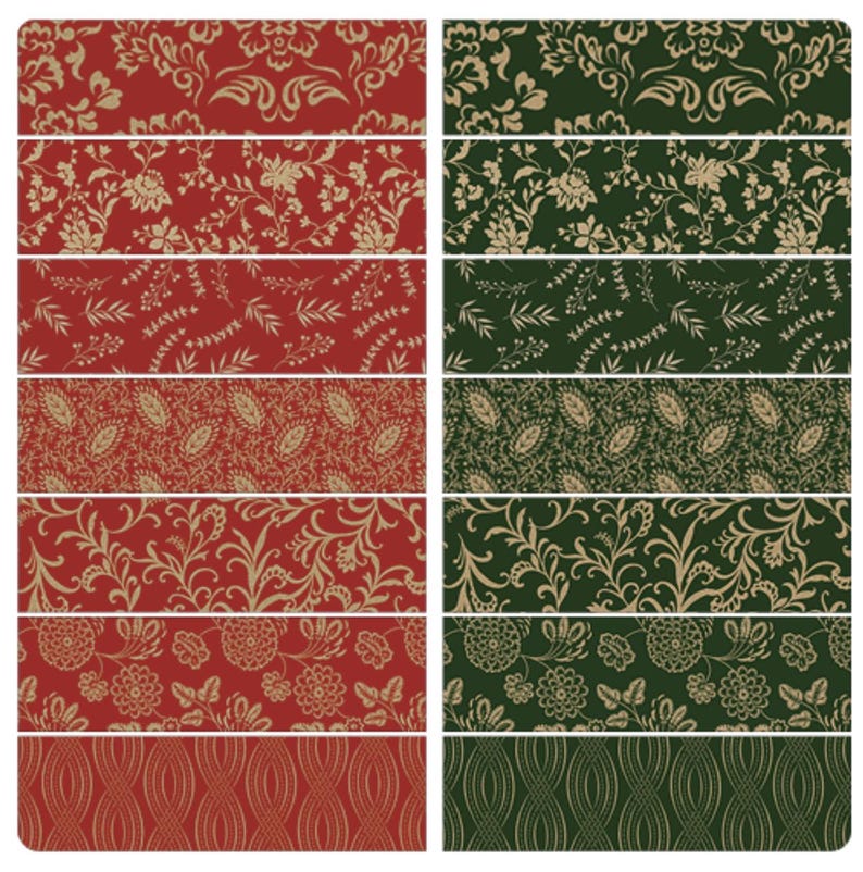 K&ouml;nnte beinhalten: Eine Sammlung von Stoffmustern mit verschiedenen Blumen- und Paisley-Mustern. Die Muster sind in Rot-, Gold- und Gr&uuml;nt&ouml;nen gehalten. Die Designs umfassen detaillierte Blumenarrangements, zarte Bl&auml;tter und komplizierte Paisley-Motive, geeignet f&uuml;r Textilien und Heimdekoration.