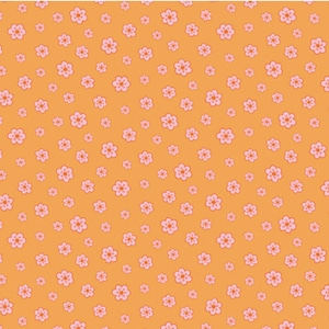 Könnte beinhalten: Ein orangefarbener Hintergrund ist mit einem sich wiederholenden Muster aus rosa und weißen Blumen bedeckt. Die Blumen sind unterschiedlich groß und gleichmäßig über die Oberfläche verteilt. Das florale Design erzeugt eine fröhliche und lebendige Ästhetik.