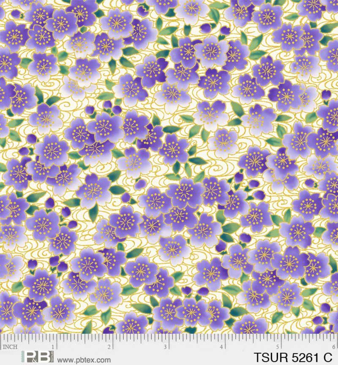 Tsuru Ditzy Flowers Purple With Gold Metallic, 100% Cotton, TSUR