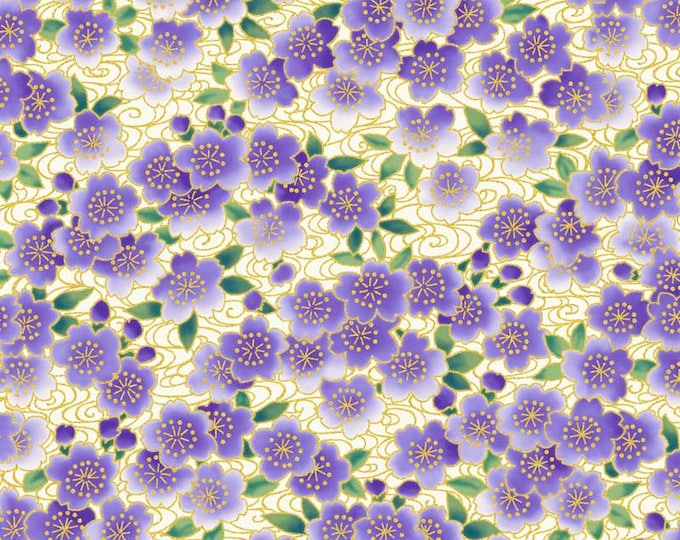 Tsuru Ditzy Flowers - Purple with Gold Metallic Highlights by P&B Textiles, 100% Premium Cotton Fabric, TSUR 5261 C