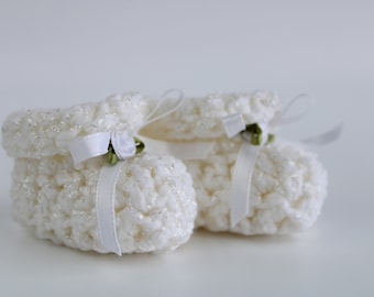 Baby Cloud Booties - White 0-6 Months, Hand Crocheted Booties with Satin Ribbon & Satin Rose, Adorable Baby Shower Gift, CQB-White